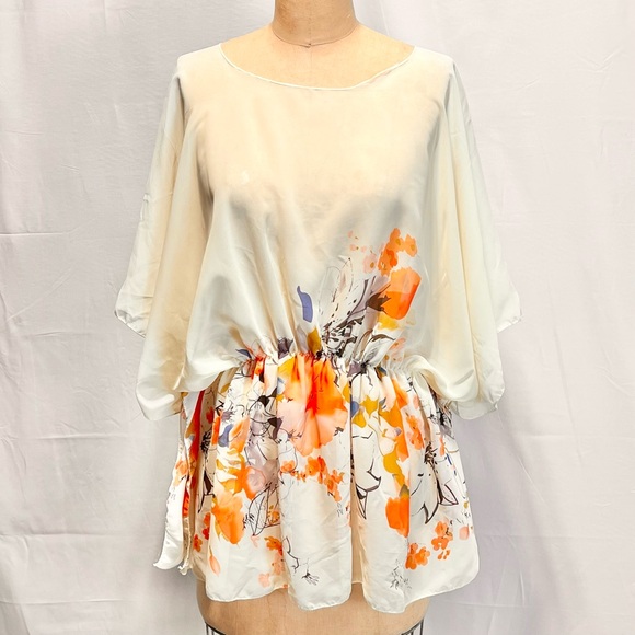 Summer floral lightweight sheer blousy top elastic waist dolman sleeve flowers - Picture 3 of 9